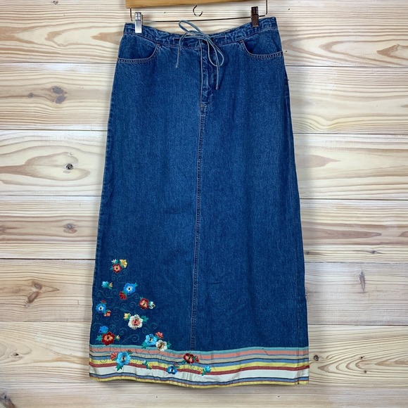 August Max Dresses & Skirts - Vtg 90s August Max 1 Maxi Denim Skirt‎ Embroidered Flowers Cottage Modest